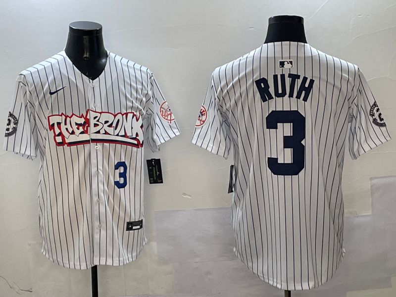 Men New York Yankees #3 Ruth White Stripe four generations Joint Name 2025 Nike MLB Jersey style 5